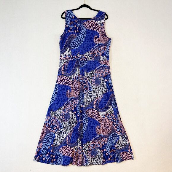 Talbots Paisley Maxi Dress Sz XL Blue Pink Knit Jersey V-Neck Sleeveless Stretch - Picture 4 of 7